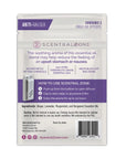 Back view of Scentral Zone Anti-Nausea Clip-On Diffusers in a white and purple pouch explaining the ingredients and directions of use.