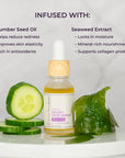 Scentral Zone 0.5 fl oz Velvet Face Serum, a yellow rejuvenating serum with cucumber and seaweed, in a glass dropper bottle with a wooden collar and white dropper top. On either side of the bottle are ingredients that are infused in the product including: cucumber seed oil and seaweed extract.