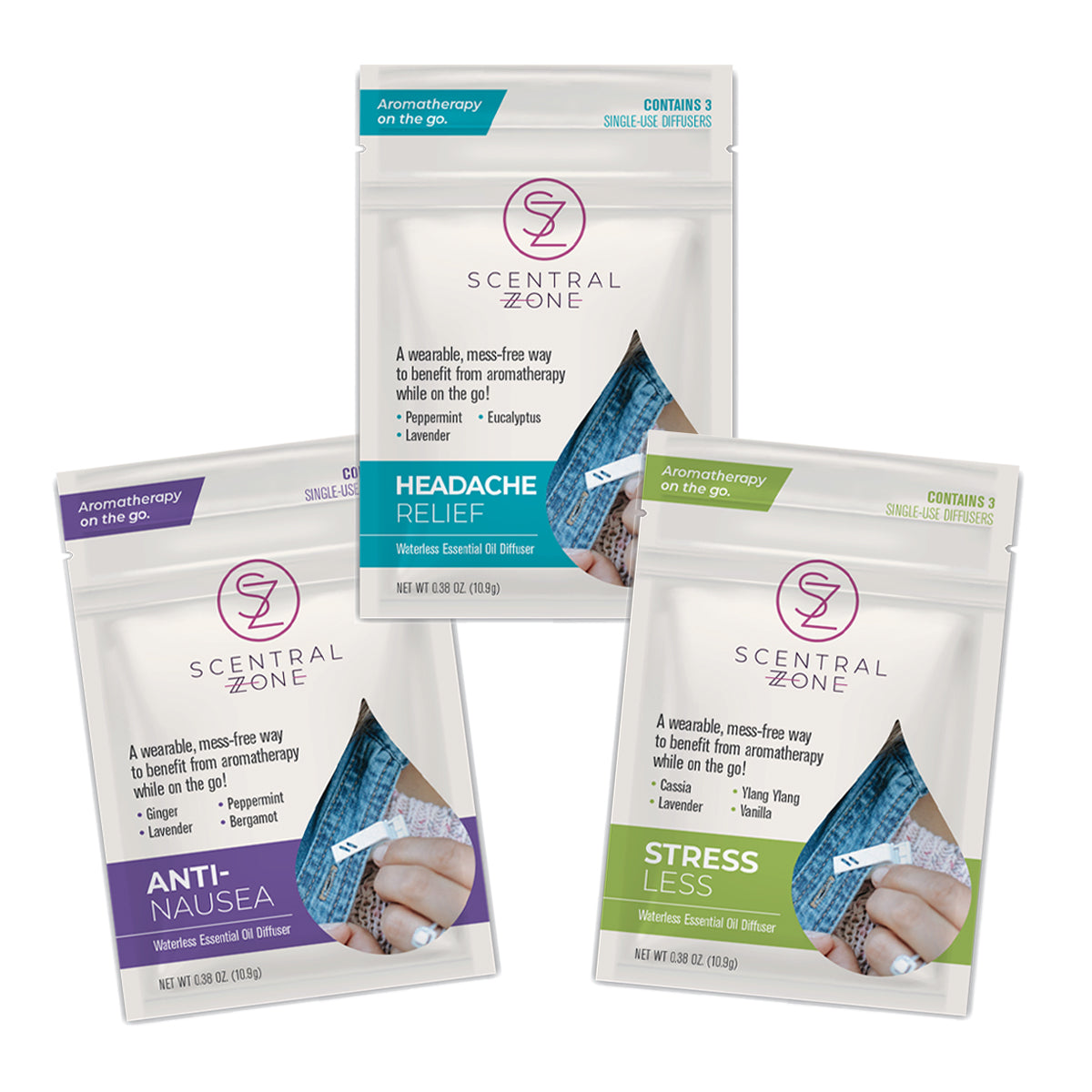 Scentral Zone aromatherapy clip on diffuser pouches including  Headache Relief, Anti-Nausea, and Stress Less against a white background.