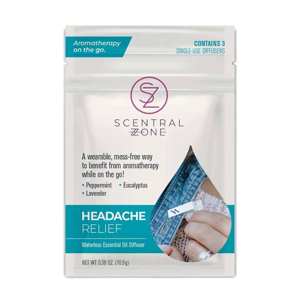 Scentral Zone Headache Relief Aromatherapy Clip-On Diffuser pouch with a white and teal design featuring product details.