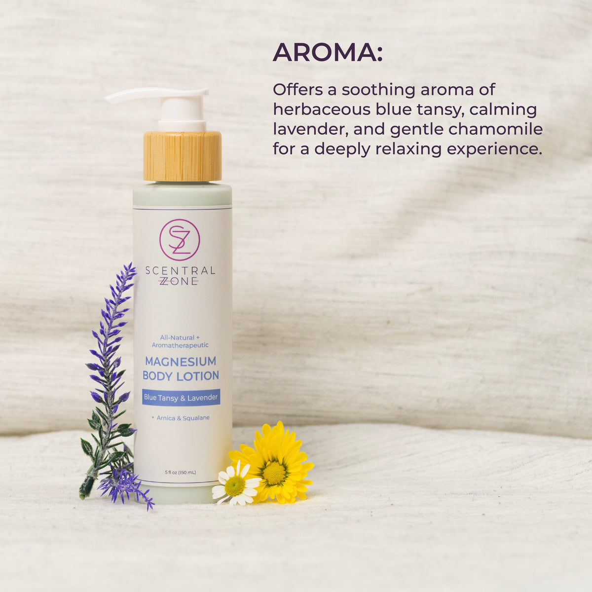 Scentral Zone Magnesium Body Lotion in Blue Tansy and Lavendar scent featuring a white bottle, bamboo pump, and a pink logo. Next to the bottle is fresh lavender and small flowers with text highlighting the soothing aroma of the product. 
