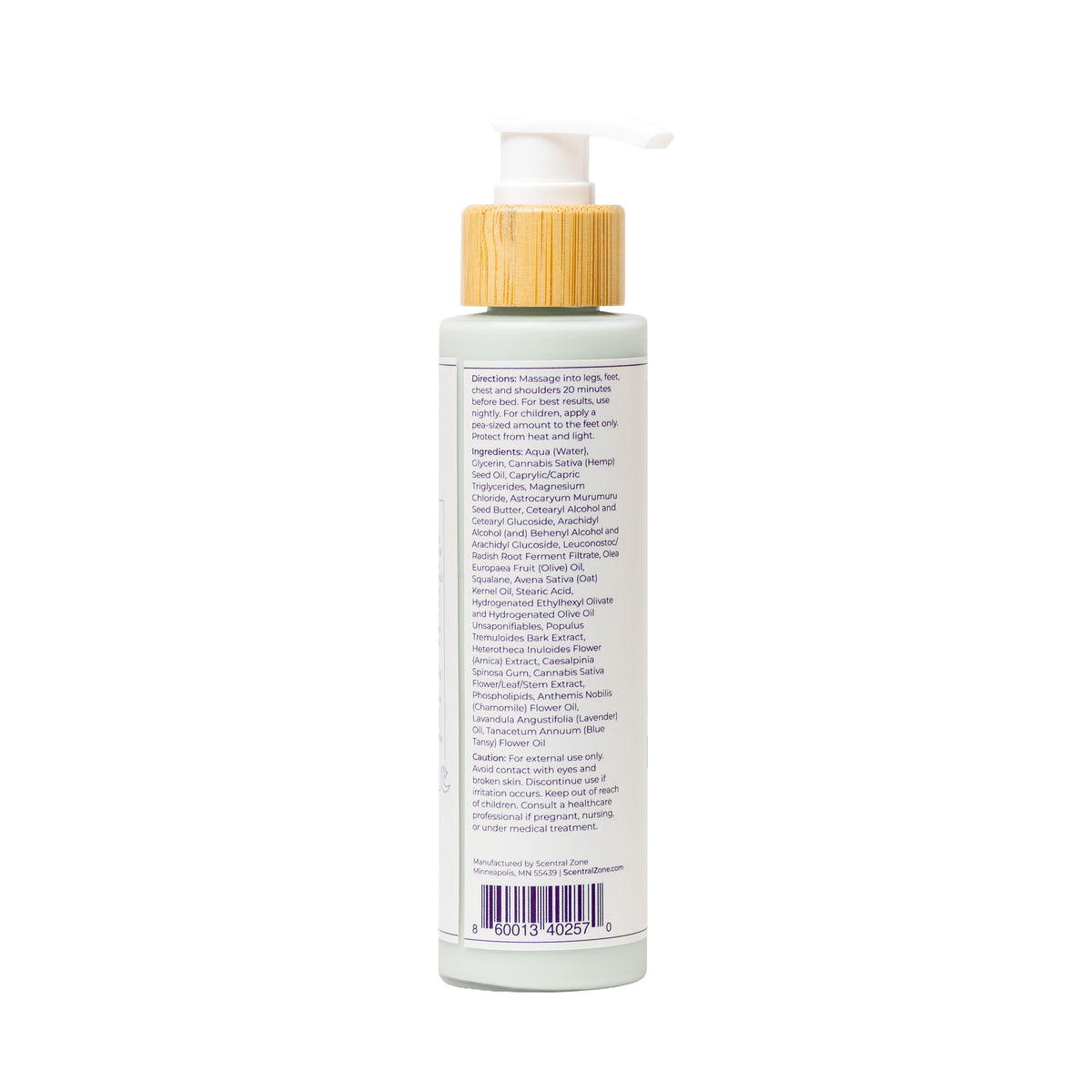 Back view of Scentral Zone 5 oz Magnesium Body Lotion in Blue Tansy and Lavender. Featuring a white bottle, with a bamboo pump collar and lists the ingredients and directions of application. 