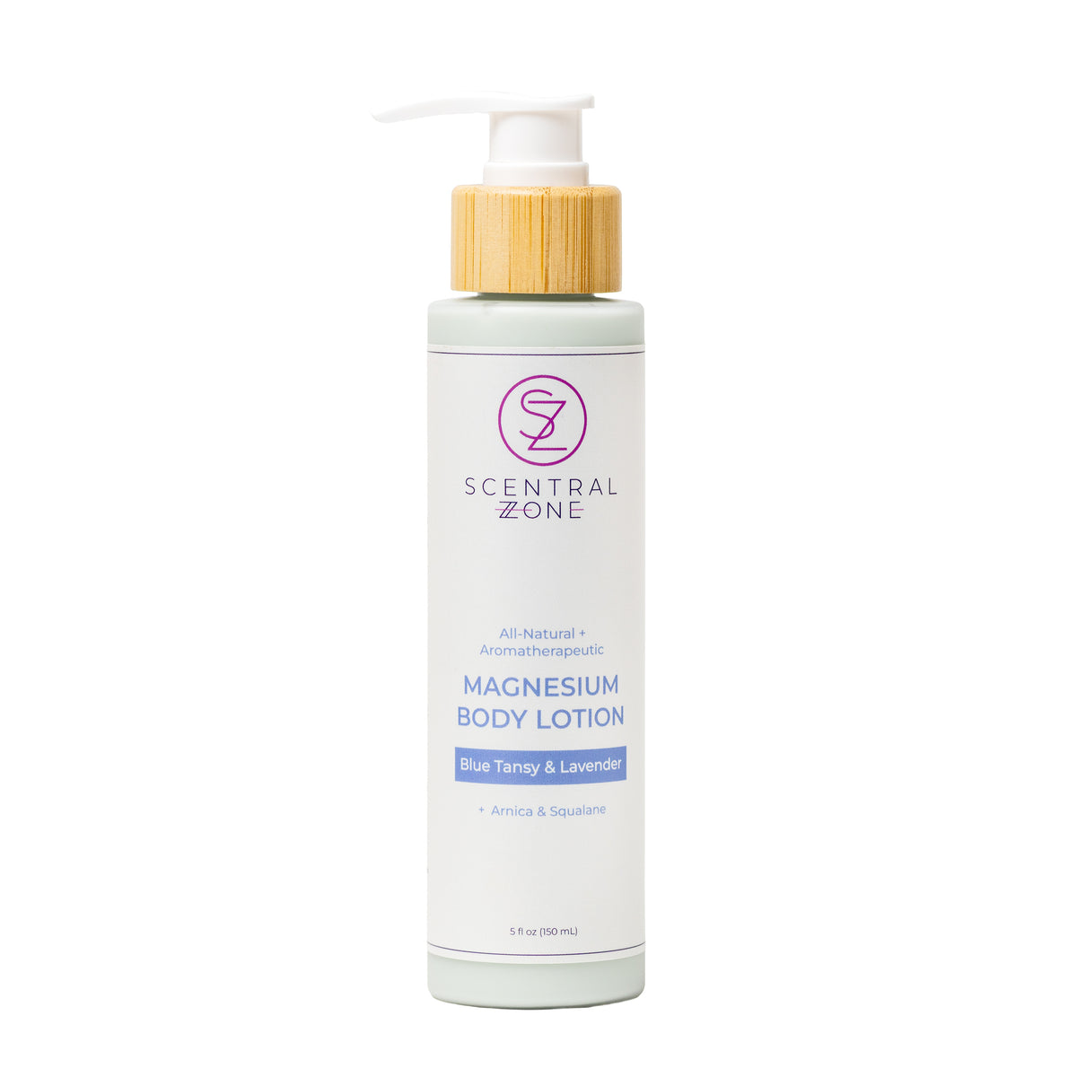 Scentral Zone Magnesium Body Lotion in Blue Tansy and Lavendar, featuring a white bottle with a bamboo pump collar and pink logo against a white background. 