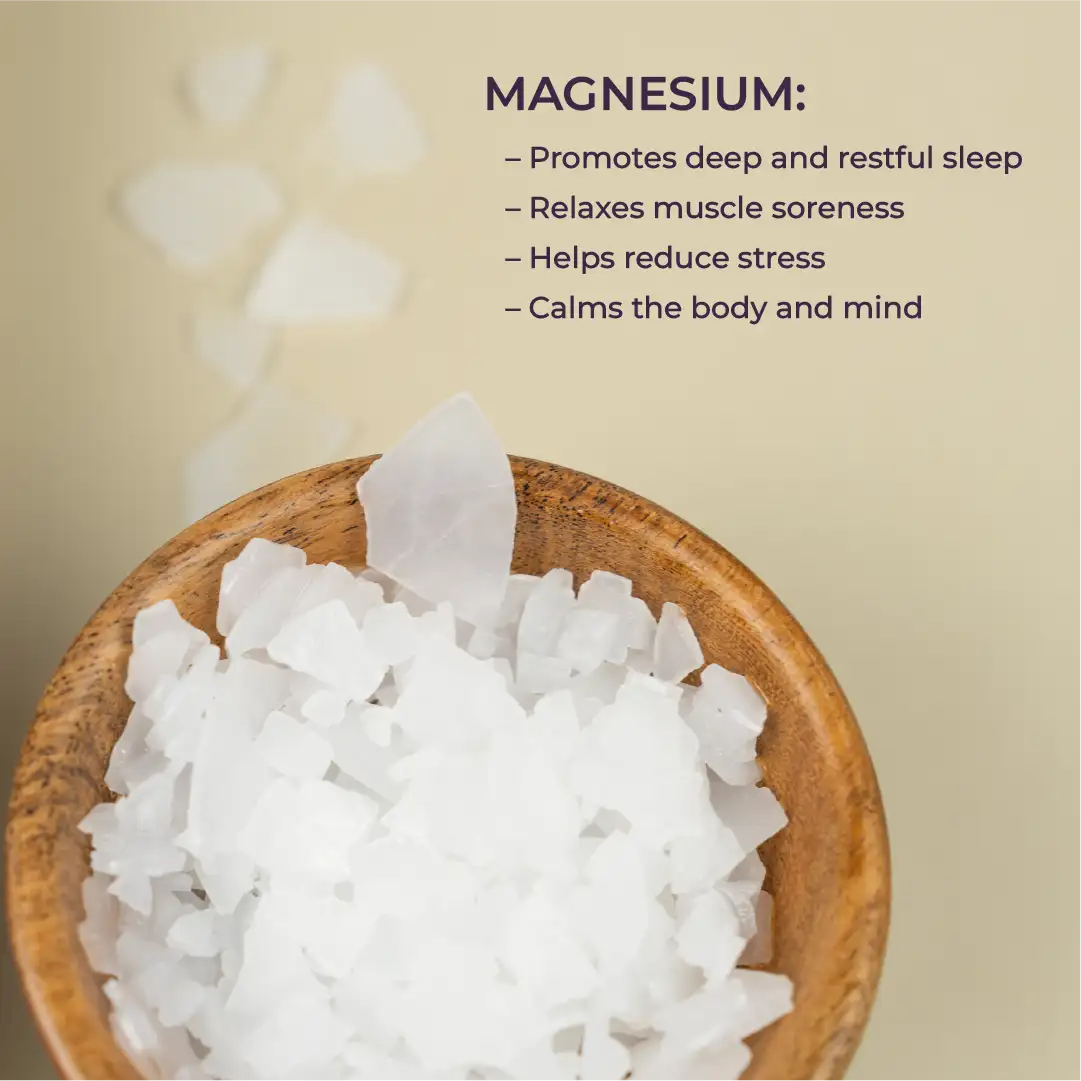 Highlighting Scentral Zone Magnesium Body Lotion in Blue Tansy and Lavender scent. Including a wooden bowl of magnesium chunks and text explaining the benefits of the magnesium. 