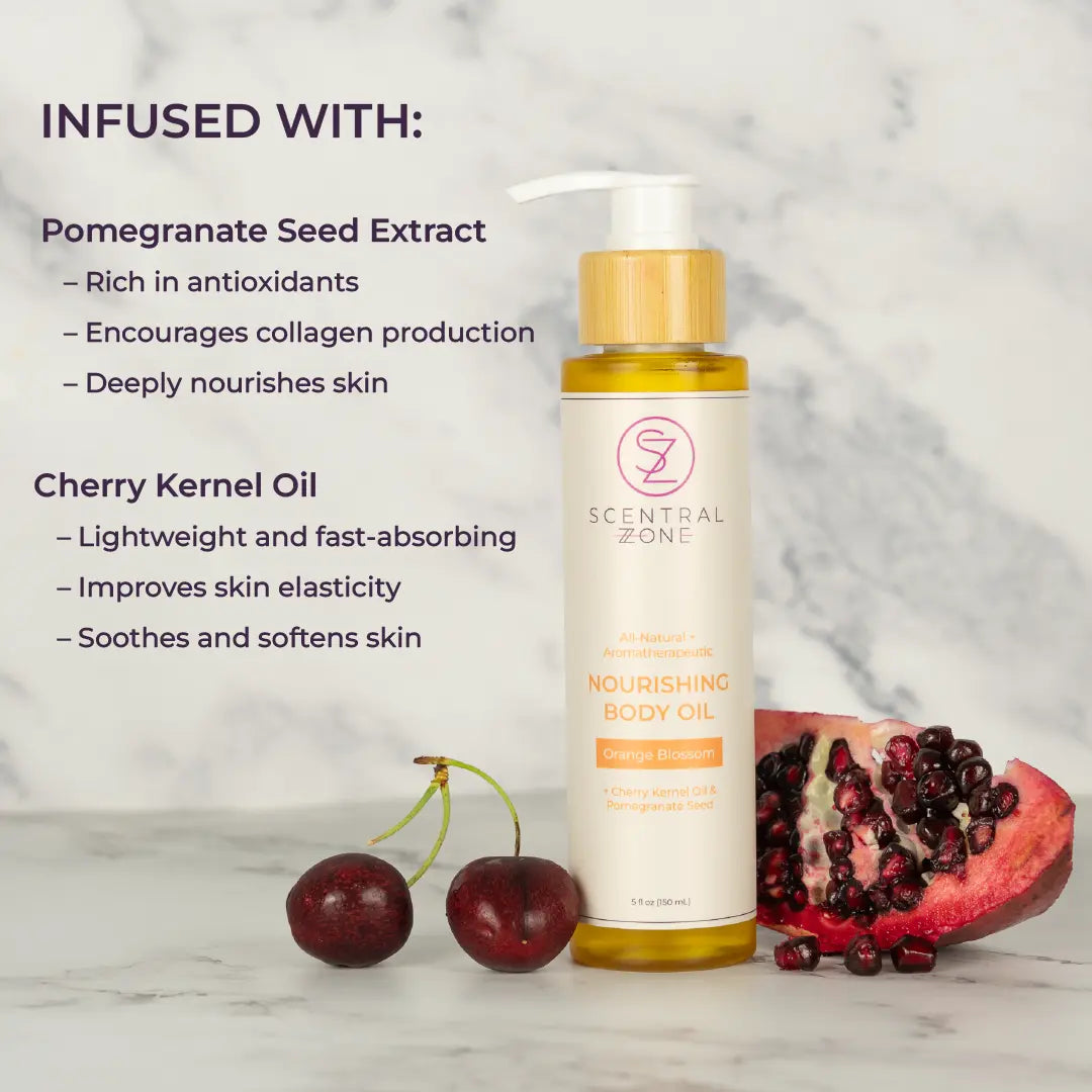 Scentral Zone's Nourishing Body Oil in Orange Blossom scent in a white bottle with a bamboo pump cover. Text is displayed next to the product and the fruits it's infused with including: pomegranate seed extract and cherry kernel oil. 