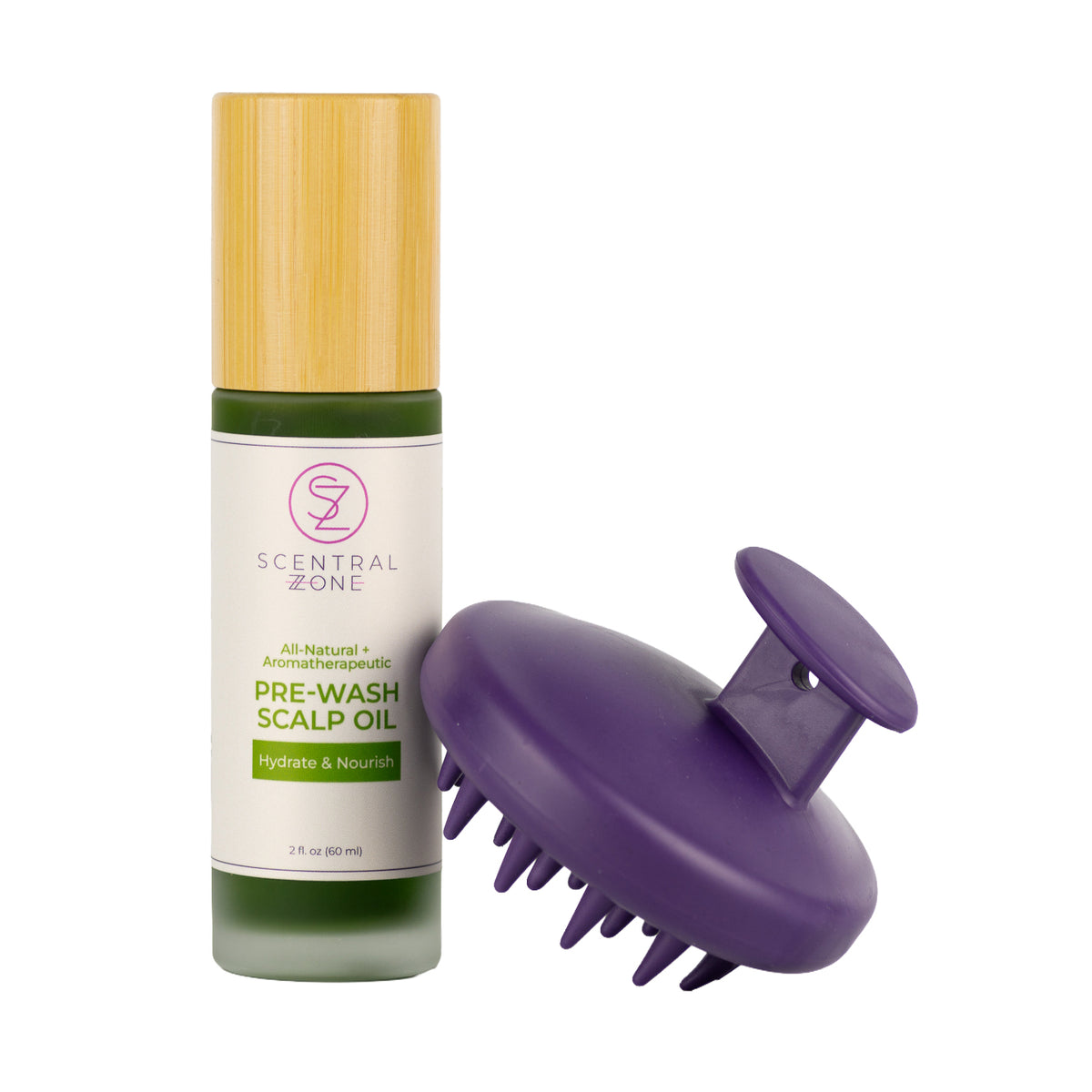 Scentral Zone 2oz Pre-wash scalp oil, labeled hydrate and nourish, in a clear bottle with a white pump and a bamboo pump collar. Leaning on the bottle is a purple scalp massager. 