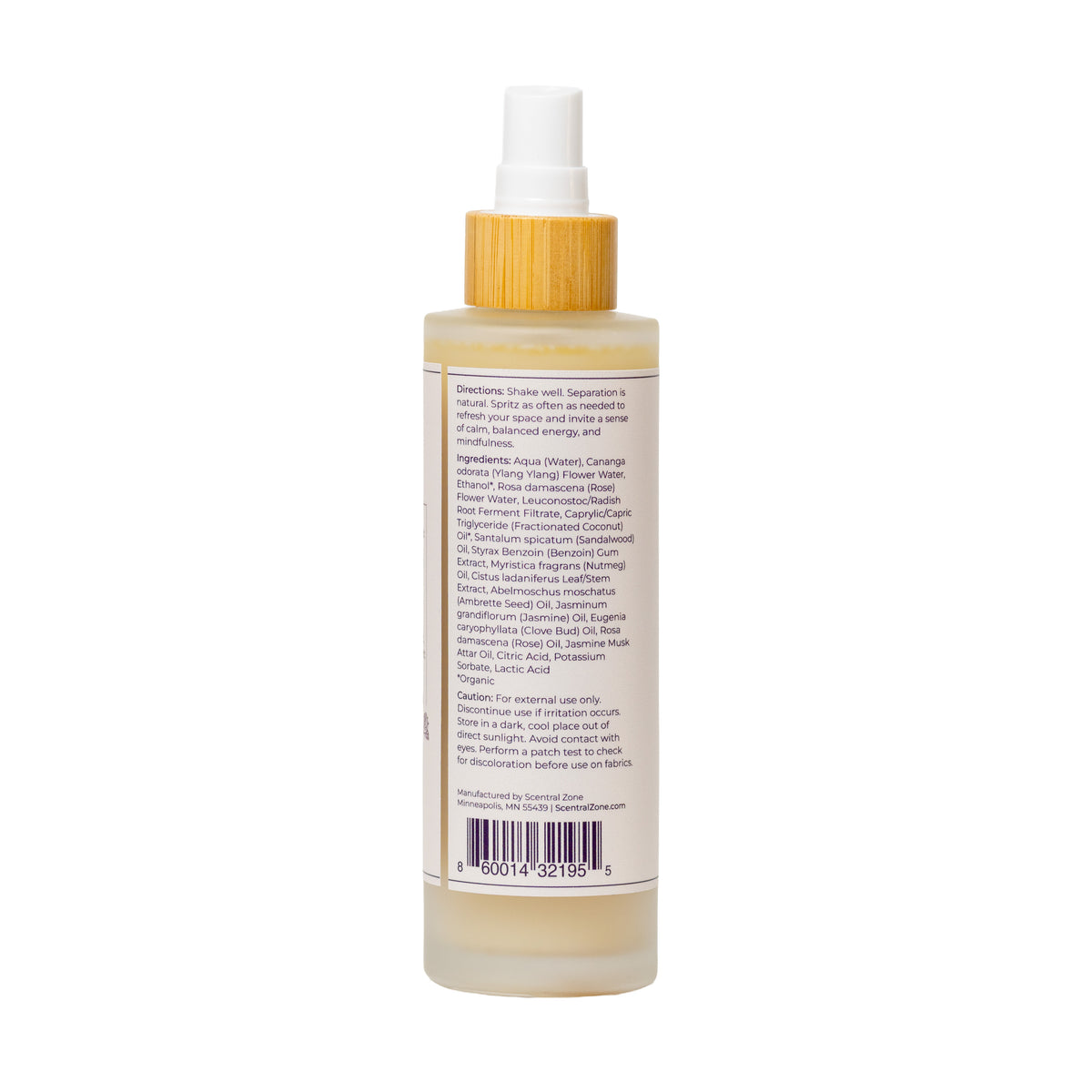 Back view of bottle of Scentral Zone Room Spray in scent Scandalwood, Floral, and Spice in a clear bottle and the packaging displaying the ingredients and directions of application. 