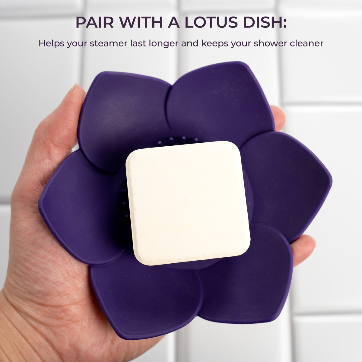 Image showing Scentral Zone square shower steamer inside a lotus dish that keeps the steamer lasting longer. 