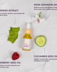 Scentral Zone 0.5 fl oz Velvet Face Serum, a yellow rejuvenating serum with cucumber and seaweed, in a glass dropper bottle with a wooden collar and white dropper top. Next to the bottle is various plants and fruits, highlighting key ingredients including: raspberry seed oil, cucumber seed oil, rose geranium oil, seaweed extract. 